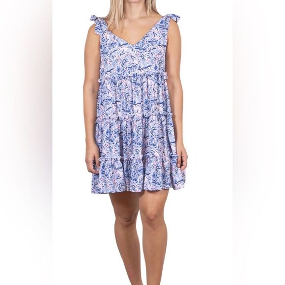 Simply Southern Dresses & Skirts - Simply Southern pink blue foral tiered dress ruffle beach v neck babydoll dress